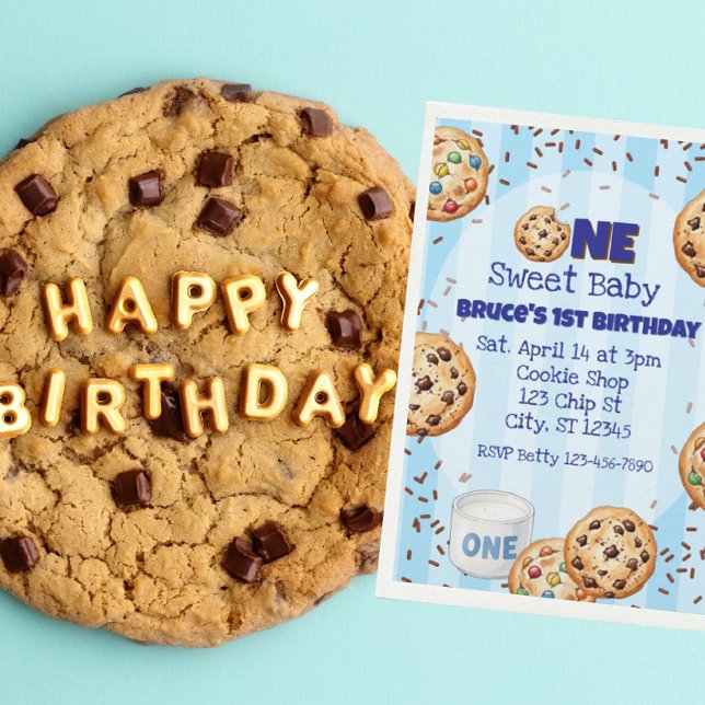 Convite Um Doce Bebê, biscoito azul aniversário de 1 ano (Criador carregado)