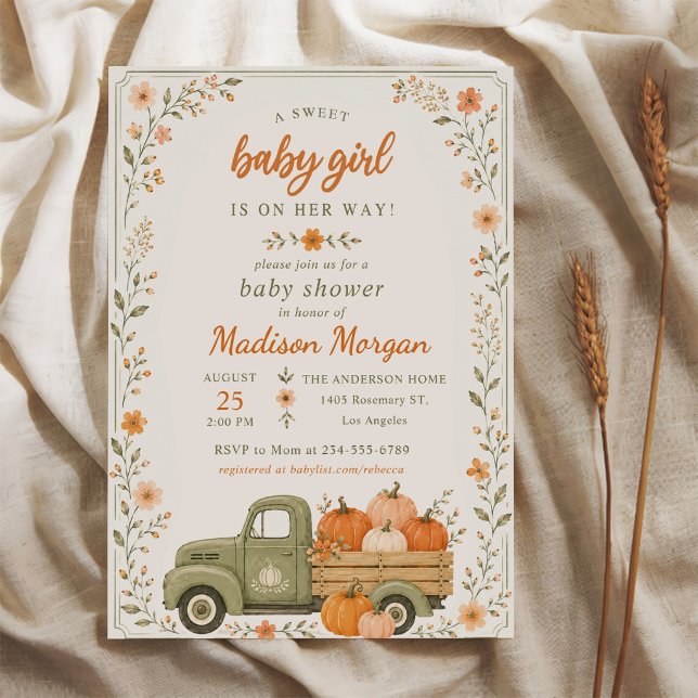 Convite Um doce bebê menina Pumpkin Baby Shower (Criador carregado)