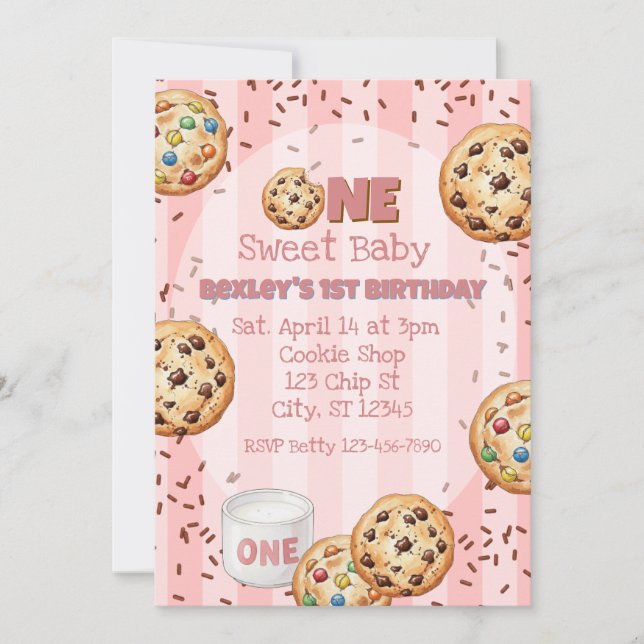 Convite Um Doce Bebê, Pink Cookie aniversário de 1 ano (Frente)