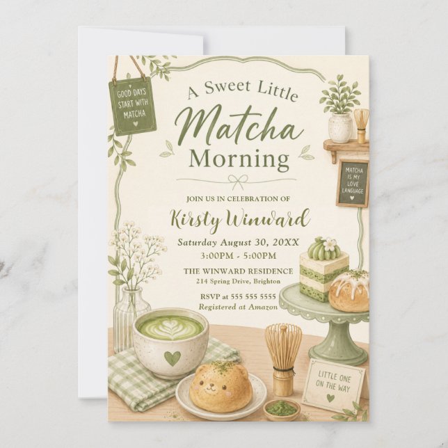 Convite Um Doce Chá de Bebê de Matcha Matinal (Frente)