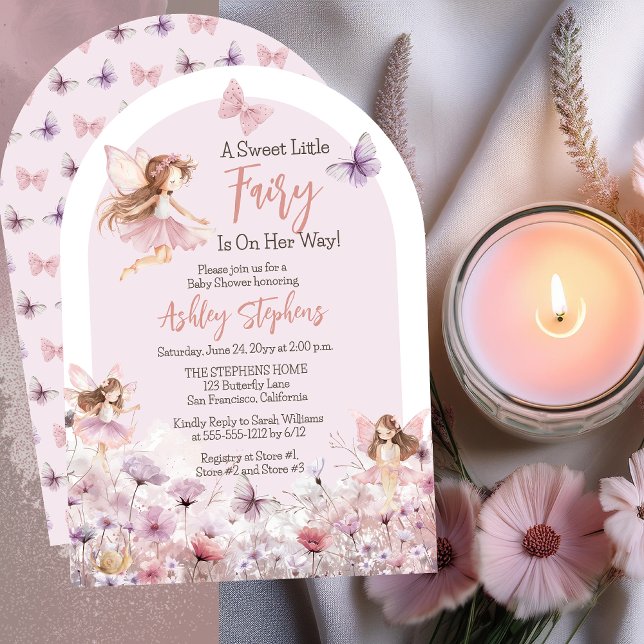 Convite Um doce Chá de fraldas de flores silvestres (Enchanting "A Sweet Little Fairy Is On Her Way!" Girl Baby Shower Arched Invitation)