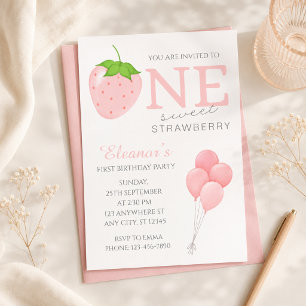Convite Um Doce Morango Primeiro Aniversário Aquarela