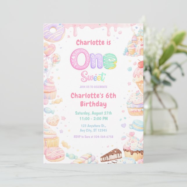 Convite Um Doce Pastel de Aniversário de 1 Ano (Em pé/Frente)