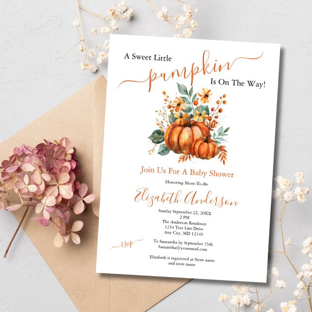 Convite Um Doce Pequeno Chuveiro de Bebê de Abóbora de Out (A Little pumpkin is on the way baby shower invitation Fall Autumn Theme Gender Neutral)