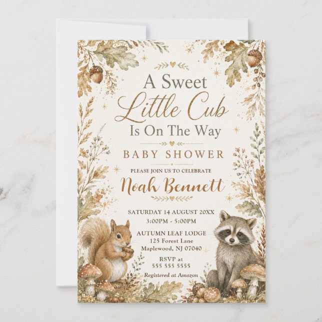 Convite Um Doce Pequeno Chuveiro de Bebê Floresta Cub (Frente)