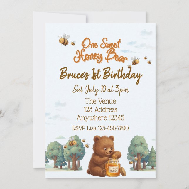 Convite Um Doce Urso de Mel, 1º Aniversário (Frente)