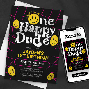 Convite Um Dude Feliz Rosto Sorriso Neon Aniversário de 1