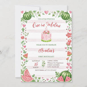 Convite Um em Melão Aquarela Rosa Doce Aniversário de Verã