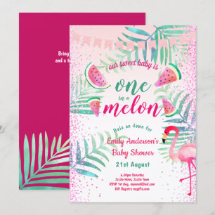 Convite Um em Melon Tropical Flamingo Watermelon Rosa