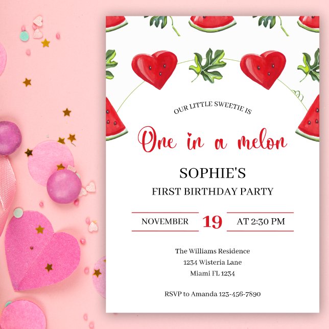 Convite Um em Melon Watermelon Primeiro Aniversário (Criador carregado)