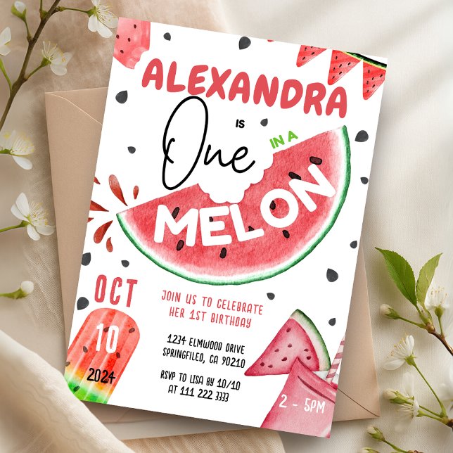 Convite Um em um aniversário da Melon 1rua Watermelon Girl (One in A Melon 1st Watermelon Girl Birthday Invitation)