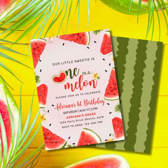 Convite Um Em Um Aniversário De Melancia De primeiro anive (One in a Melon  Watermelon Slice Invitation – Cute, Editable & Perfect for Summer Parties!")