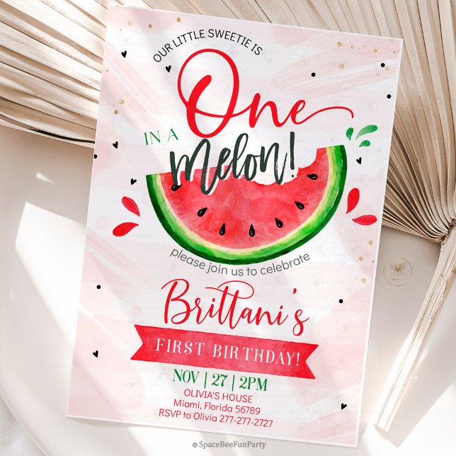 Convite Um em um Melão 1º Aniversário (Celebrate your little sweetheart’s first birthday with this adorable “One in a Melon” watermelon-the)
