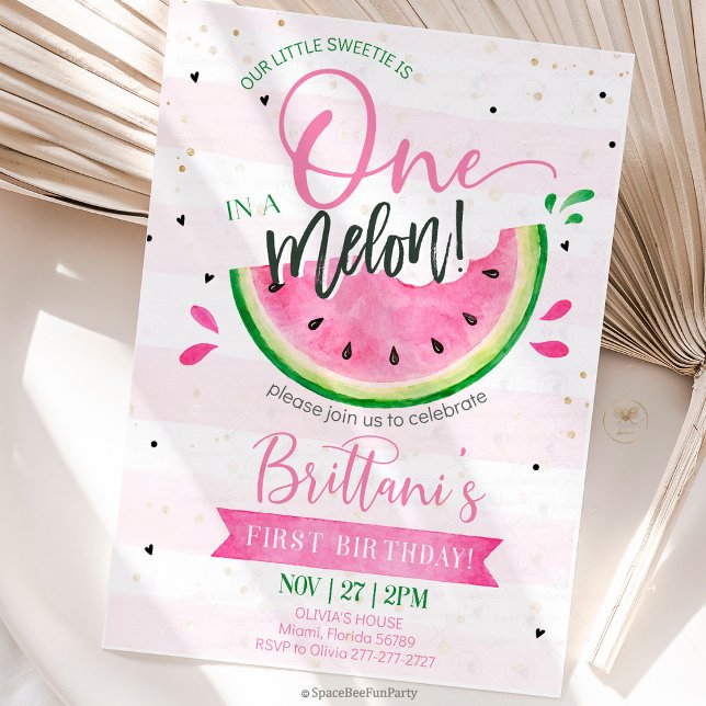 Convite Um em um Melão 1º Aniversário (watermelon birthday invitation, one in a melon, first birthday invitation, summer birthday party, wa)