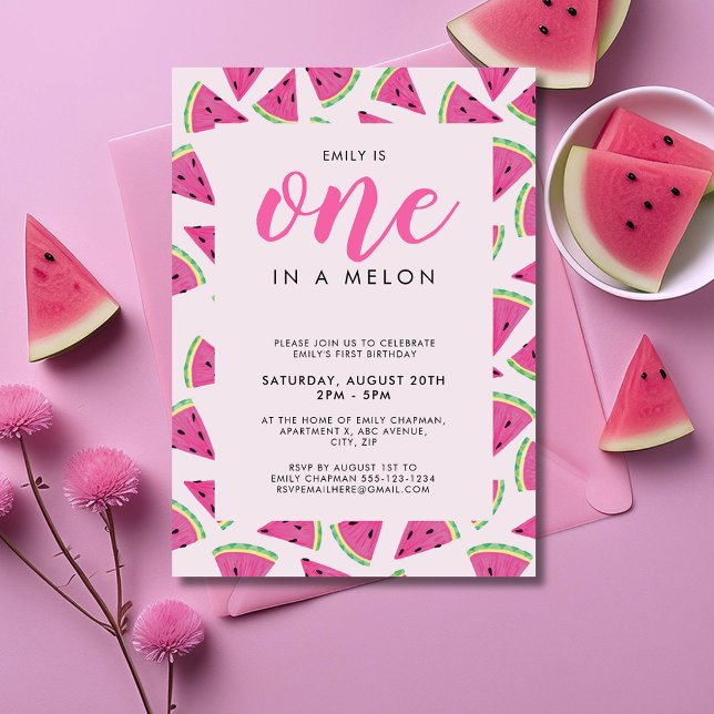 Convite Um em um melão aniversário de 1 ano (One in a Melon, watermelon themed girls first birthday invitation)
