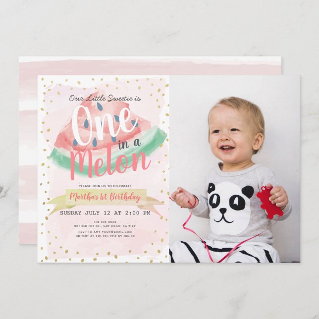 Convite Um em um primeiro aniversario de fotos da Melon Wa (Frente/Verso)