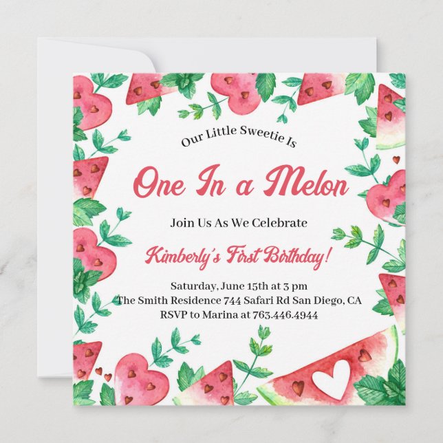Convite Um Em Um primeiro aniversario De Verão De Melão (Frente)
