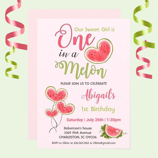 Convite Um Em Uma Festa De primeiro aniversario Melão Rosa (1st Birthday invitation for girl with watercolor watermelon in a heart shape, One in a melon,)