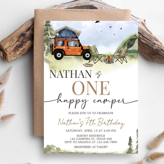 Convite Um Feliz Aniversário de Acampamento Feliz (One Happy Camper 1st Birthday Party Invitation)