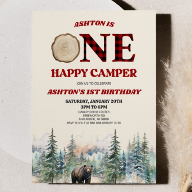 Convite UM Feliz Camper Bear Red primeiro aniversario Part (Criador carregado)