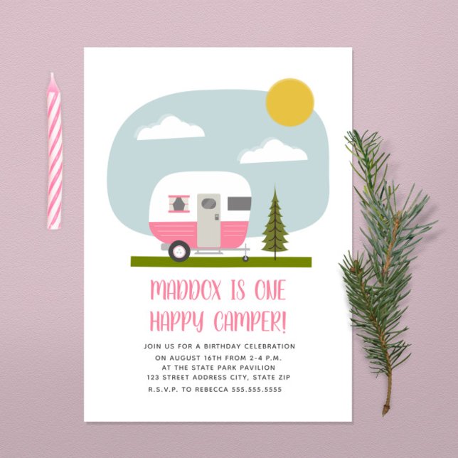 Convite Um Feliz Camper Pink Trailday (Criador carregado)