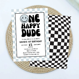 Convite Um Feliz Cara Azul Feliz Rapaz Primeiro Aniversári