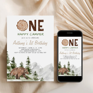 Convite Um Feliz Urso Aquarela Acampador Aniversário de 1