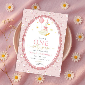 Convite Um Floral Rosa Um Ganso Tolo Menina 1º Aniversário