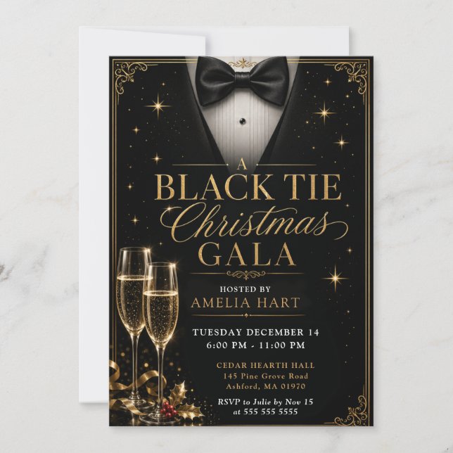 Convite Um Gala de Natal de Gravata Preta (Frente)