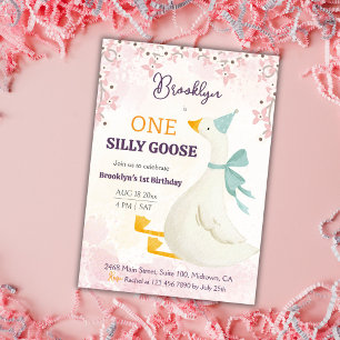 Convite Um ganso bobo aniversário de 1º floral rosa menina