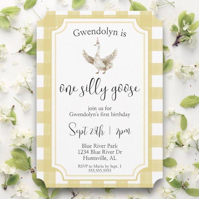 Convite "Um ganso Bobo" Festa de aniversário Amarelo-Cinto ("one silly goose" yellow gingham first birthday party invitations watercolor gender neutral invite)