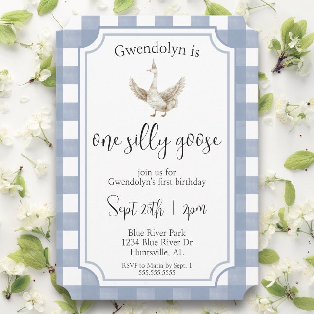 Convite "Um ganso Bobo" Festa de aniversário azul-escura ("one silly goose" blue watercolor cute first birthday party picnic 1st birthday boy toddler bday)