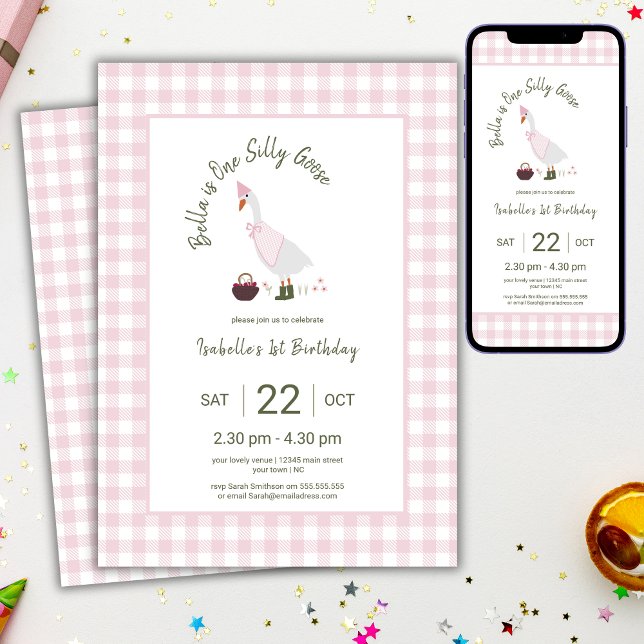 Convite Um Ganso Bobo Meninas Rosa 1º Aniversário (Criador carregado)