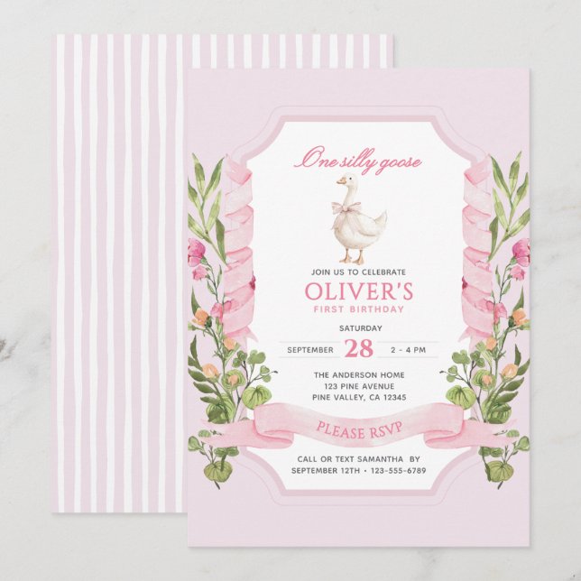 Convite Um Ganso Bobo Rosa Aniversário de 1 ano (Frente/Verso)