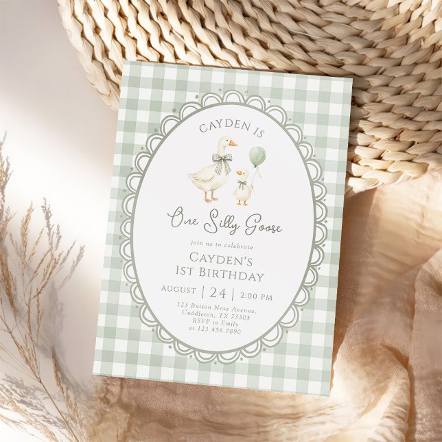 Convite Um Ganso Bobo Verde Sage Gingham 1º Aniversário (Criador carregado)