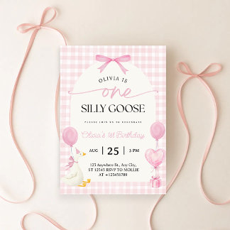 Convite Um Ganso Tolo Azul Rosa Gingham 1º Aniversário