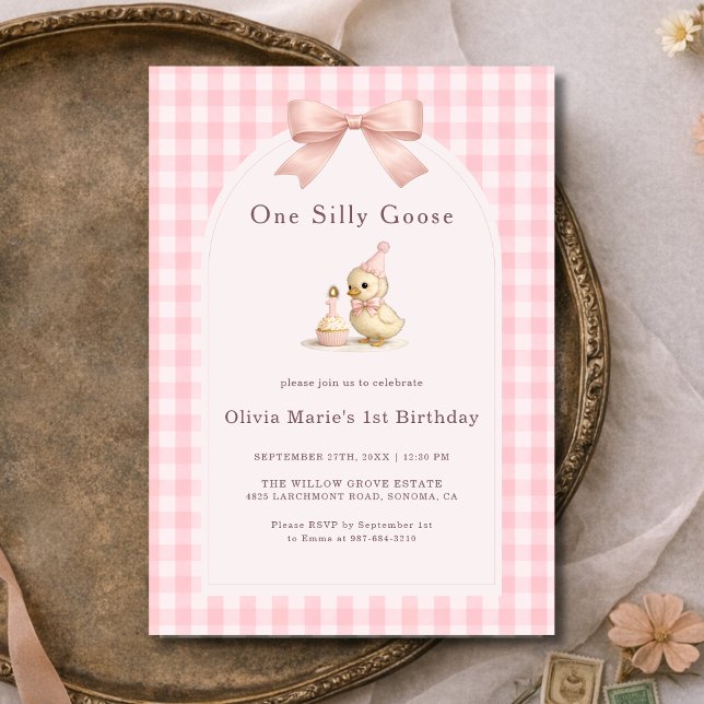 Convite Um Ganso Tolo de Gingham Rosa Arco Menina 1º Anive (Criador carregado)