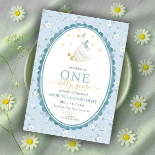 Convite Um Ganso Tolo Menino Floral Azul 1º Aniversário