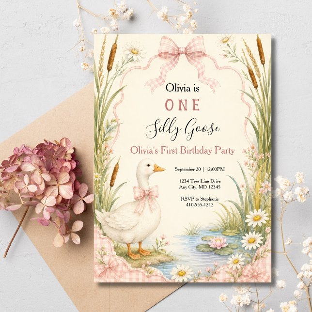 Convite Um Ganso Tolo Primeiro Aniversário de 1 Ano (One Silly Goose First 1st Birthday party invitation. Pink Gingham Cow, Goose Pond Printed Digital)
