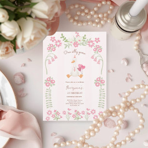 Convite Um Ganso Tolo Vintage Rosa Pato Aniversário de 1º 