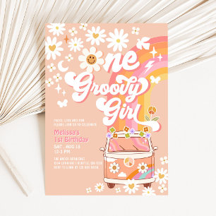 Convite UM Garota Groovy Rosa Pêssego Van Daisy 1º Anivers