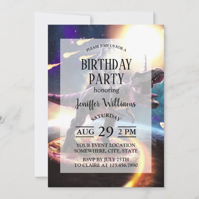 Convite Um gato dirigindo unicórnio de dinossauro no espaç (Frente)