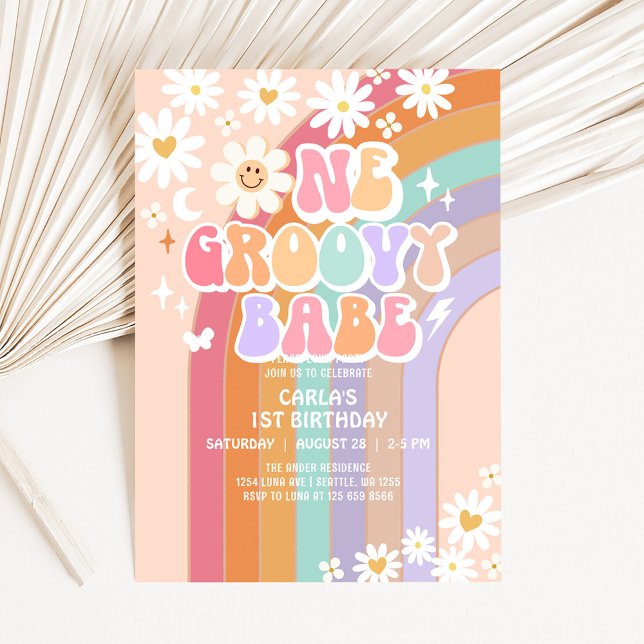 Convite Um Groovy Babe Daisy Rainbow primeiro aniversario (Criador carregado)