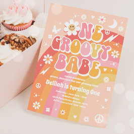 Convite Um Groovy Babe Peace Love Party Rainbow Birthday