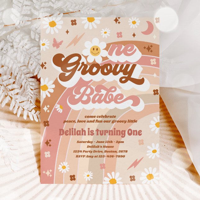 Convite Um Groovy Babe Peace Love Party Rainbow Birthday (Criador carregado)