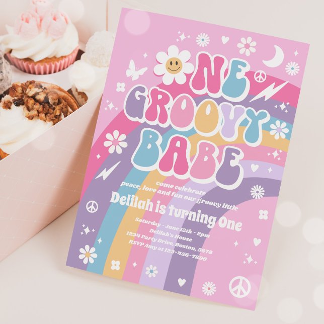 Convite Um Groovy Babe Peace Love Party Rainbow Birthday (Criador carregado)
