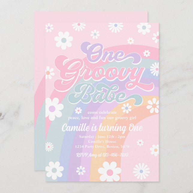 Convite Um Groovy Babe Retro Daisy Pink Rainbow Aniversári (Frente/Verso)