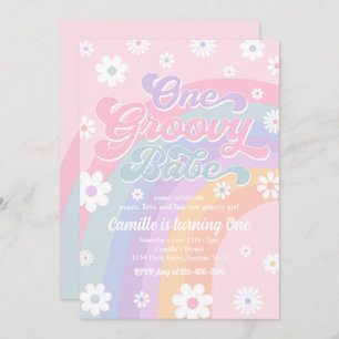 Convite Um Groovy Babe Retro Daisy Pink Rainbow Aniversári