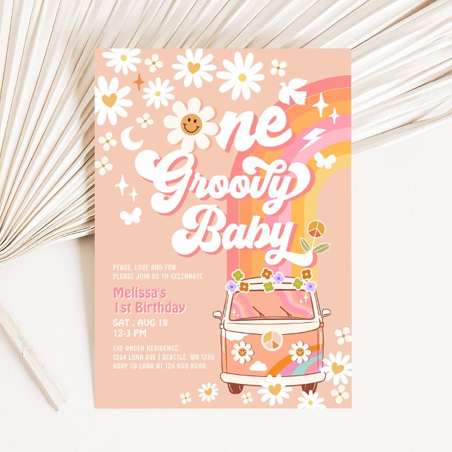 Convite UM Groovy Baby Hippie Van Daisy primeiro aniversar (Criador carregado)