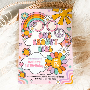 Convite Um Groovy Girl 70s Flor Power Rainbow Aniversário